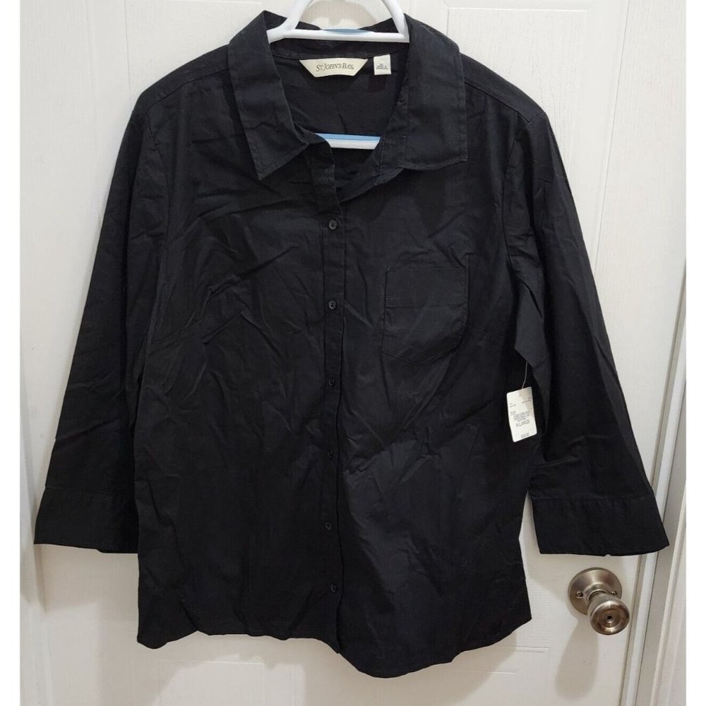 NEW St. John's Bay Women's 3/4 Sleeve Button Up Top Stretch Cotton Black Sz XL